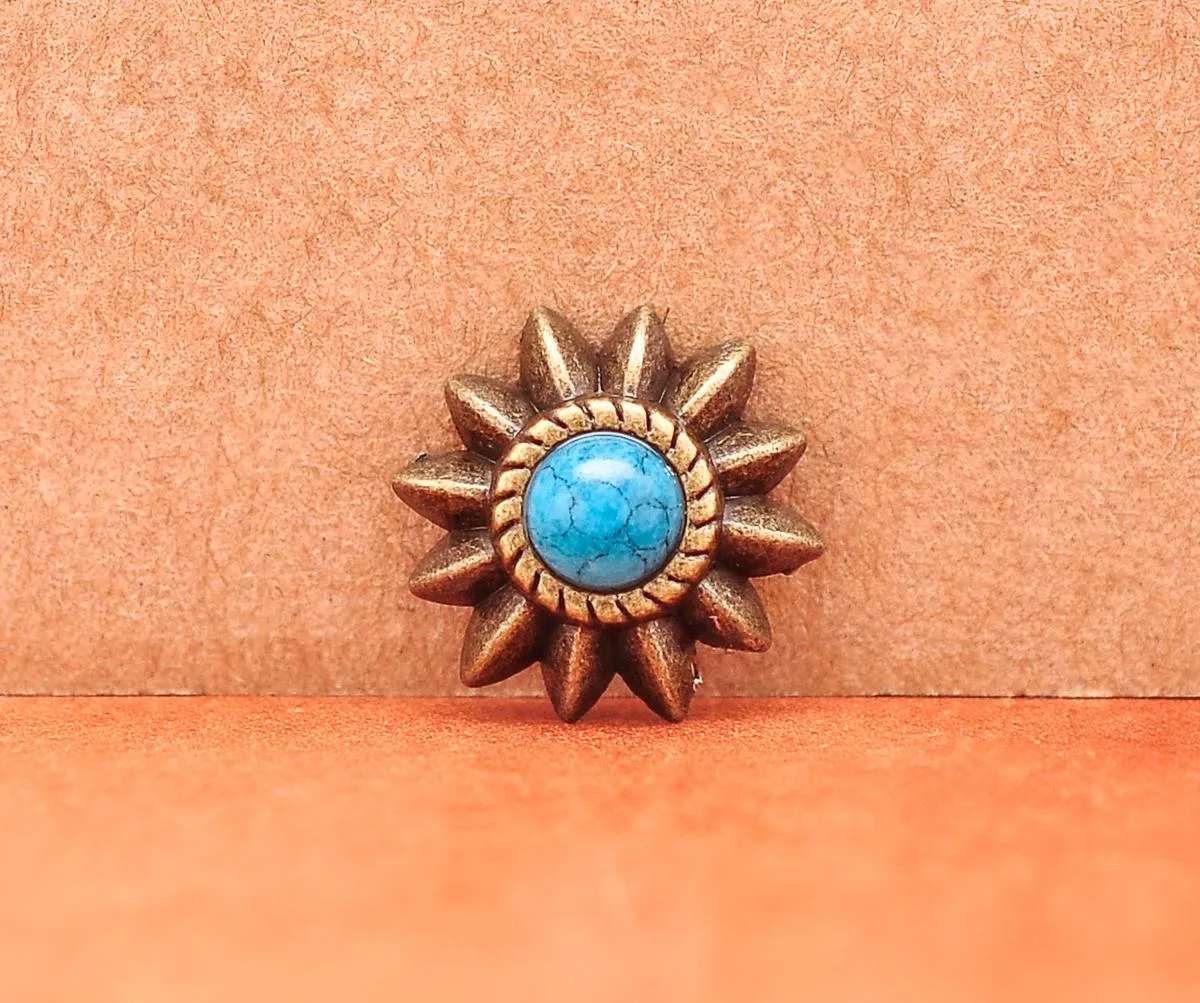 Components 20pcs 13mm Brass Western Ethnic Flower Star Blue Turquoise Conchos Spike Rivet Stud For Leathercraft Belt Handcraft Decor