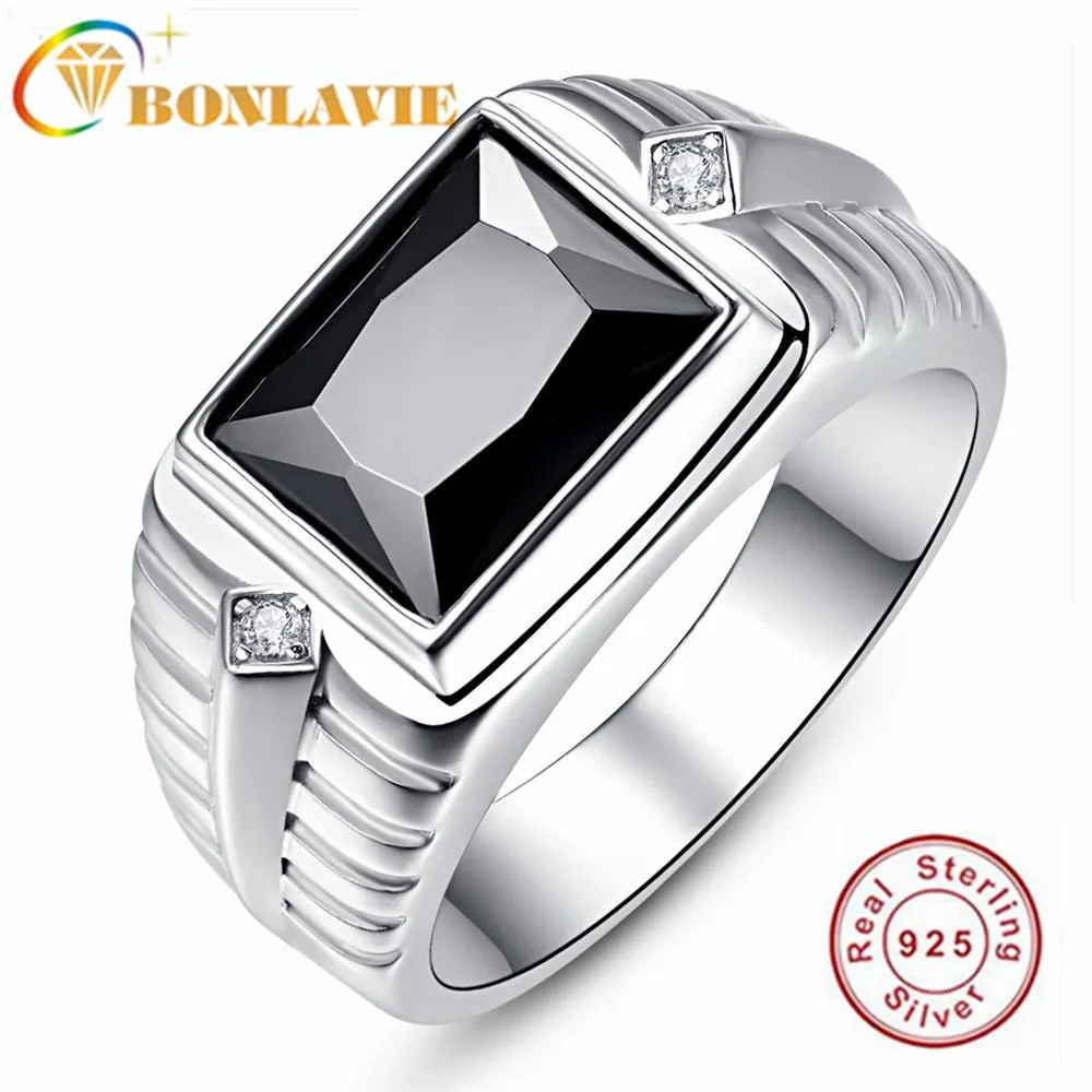 Anneaux Bonlavie 925 Sterling Silver Created Black Onyx Men's Ring for Wedding and Engagement