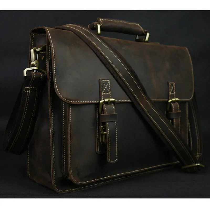 Briefzüge Vintage Crazy Horse Leder Männer Aktentasche 15 "Laptop -Beutel Arbeitsbag Genauer Leder Aktentasche Männchen Umhängetasche Crossbody 230520