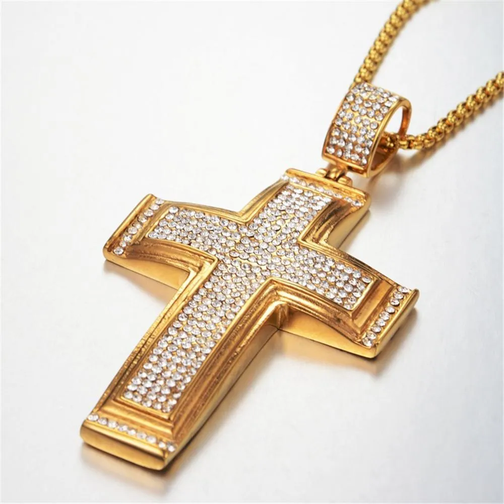 Halsband stora tvärhängen halsband manliga guld färg rostfritt stål mikro pave cz jesus cross halsband för män hip hop is ut smycken