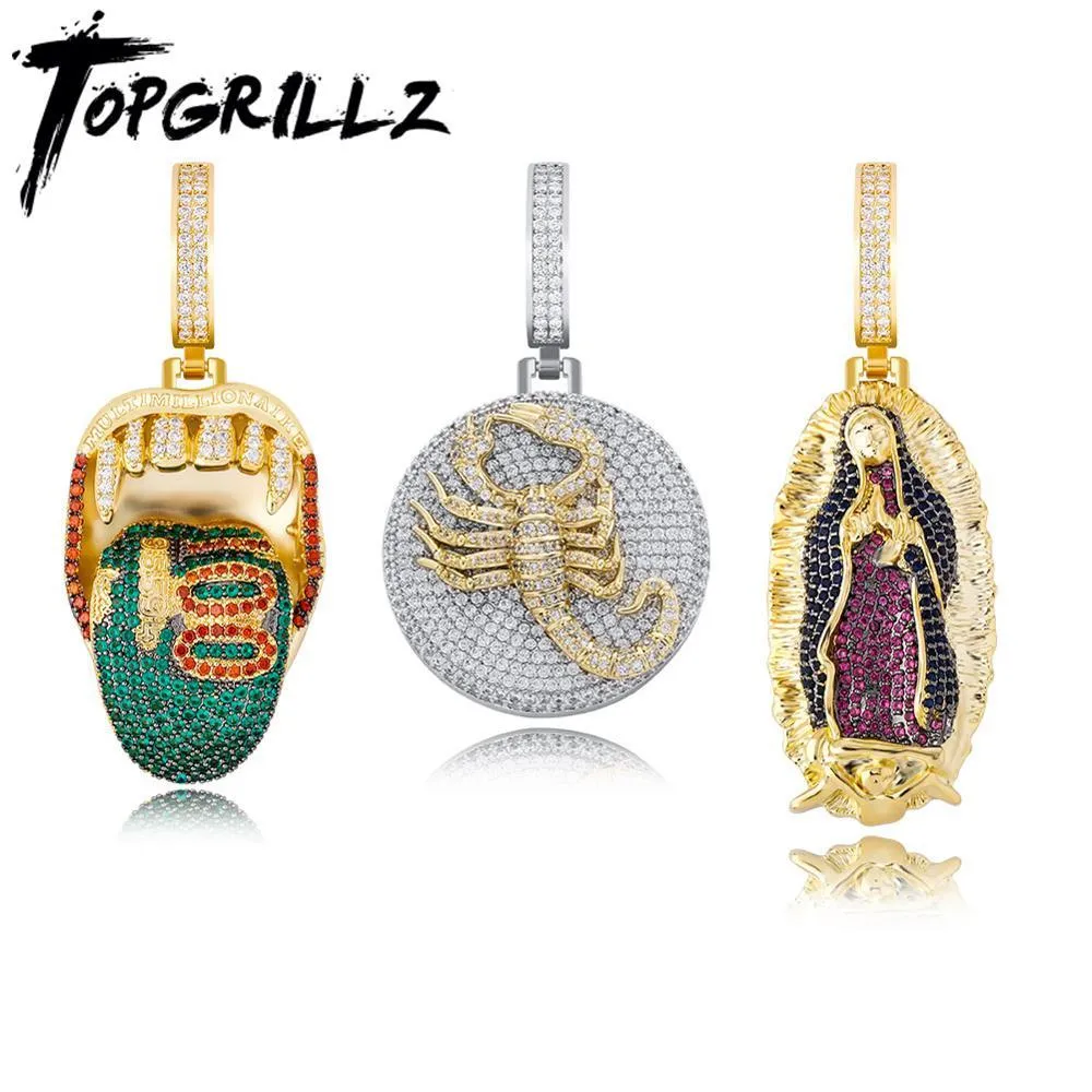 Kolyeler Topgrillz Erkek Kolye Yeşil Dil Hayvan Akrep Virgin Mary Hip Hop Kolye Buzlu Kübik Zirkonya Moda Takı Hediyesi