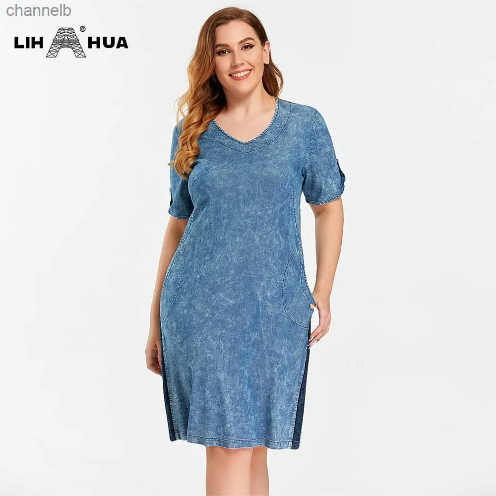 Vestidos casuais lih hua feminino vestido de jeans plus size de verão vestido casual algodão coto