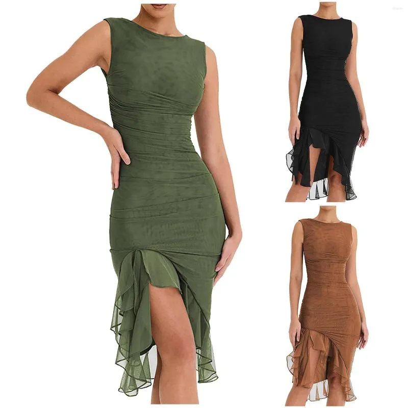 Robes décontractées dames robe Sexy dos ouvert plissé Midi mode lâche couleur unie sans manches ourlet irrégulier Slim Vestidos