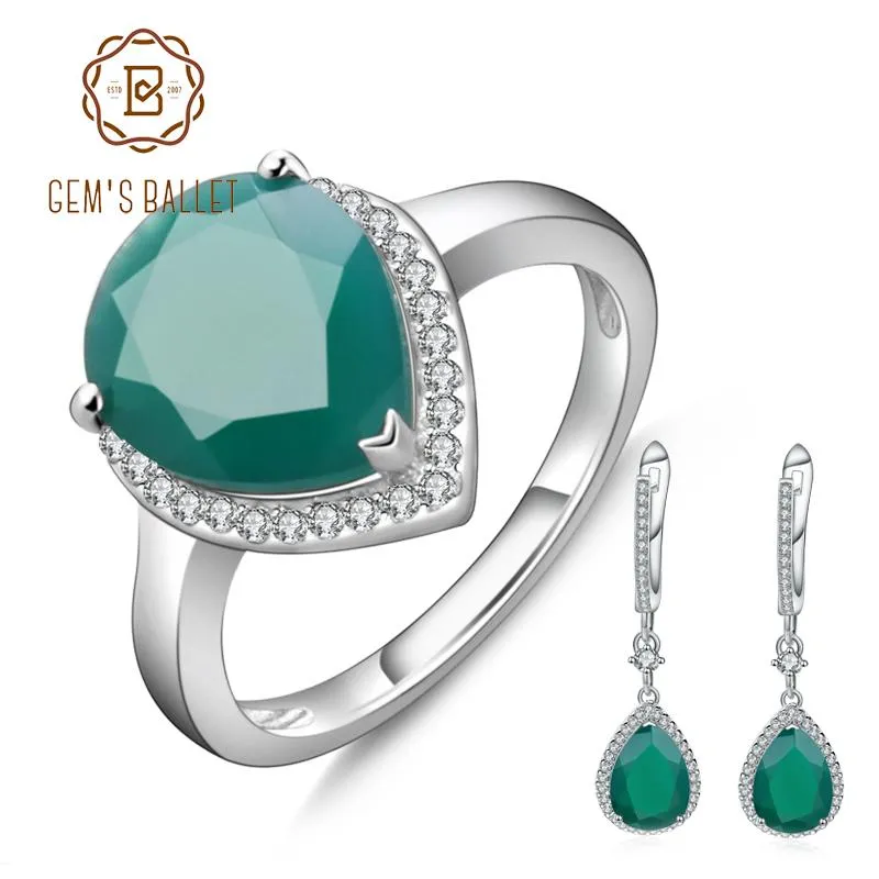 Sets GEM'S BALLET Solid Water Drop Natural Green Agate Jewelry Set For Women 925 Sterling Silver Gemstone Vintage Earrings Ring Set