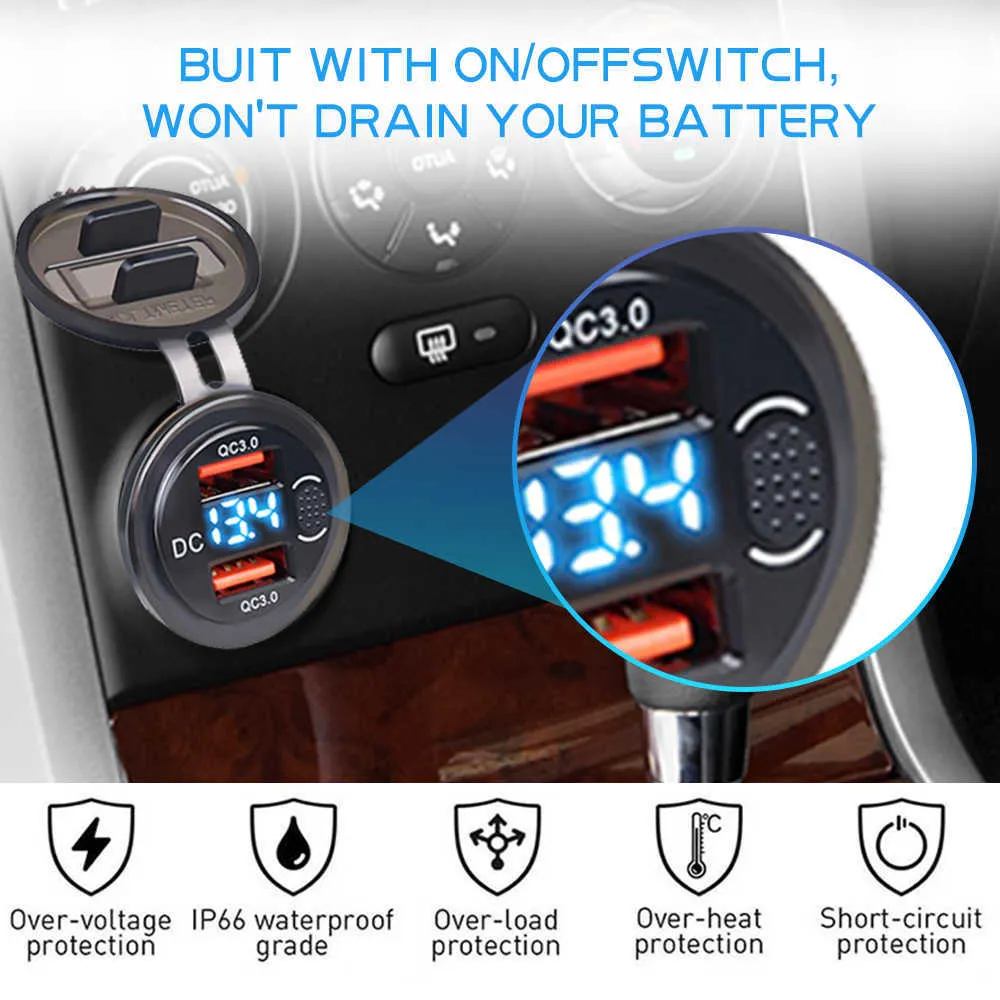 CAR 12 24V Dual USB Cigarettändare Socket Car Charger QC3.0 Vattentät med Voltmeter Switch Quick Charge Adapter Biltillbehör