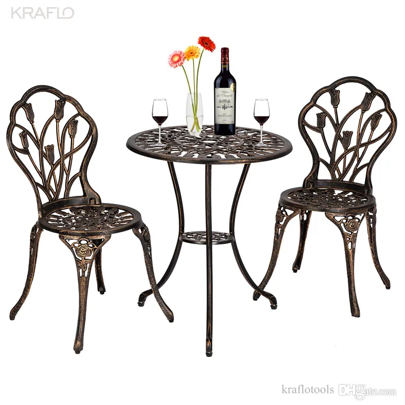 3-teiliges Tulpen-Bistro-Set aus Tisch und Stühlen aus Gussaluminium im europäischen Stil für den Außenbereich, bronzefarbene Garten-Barmöbel-Sets