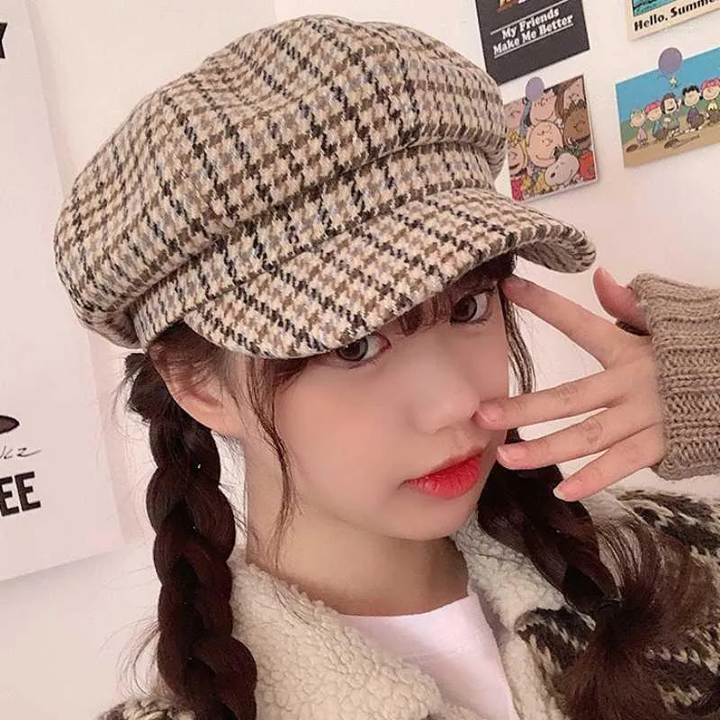 Berets Autumn Winter Women Cap Hat Vintage Plaid Octagonal Sboy Ladies Retro Artist Painter Beret Female Wool BeretsBerets