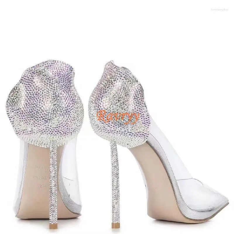 Sandals PVC Pointed Toe Stiletto Diamond Back Bud Rhinestone Sexy High Heels Full Sheepskin Noble Luxury Women's Wedding Shoes