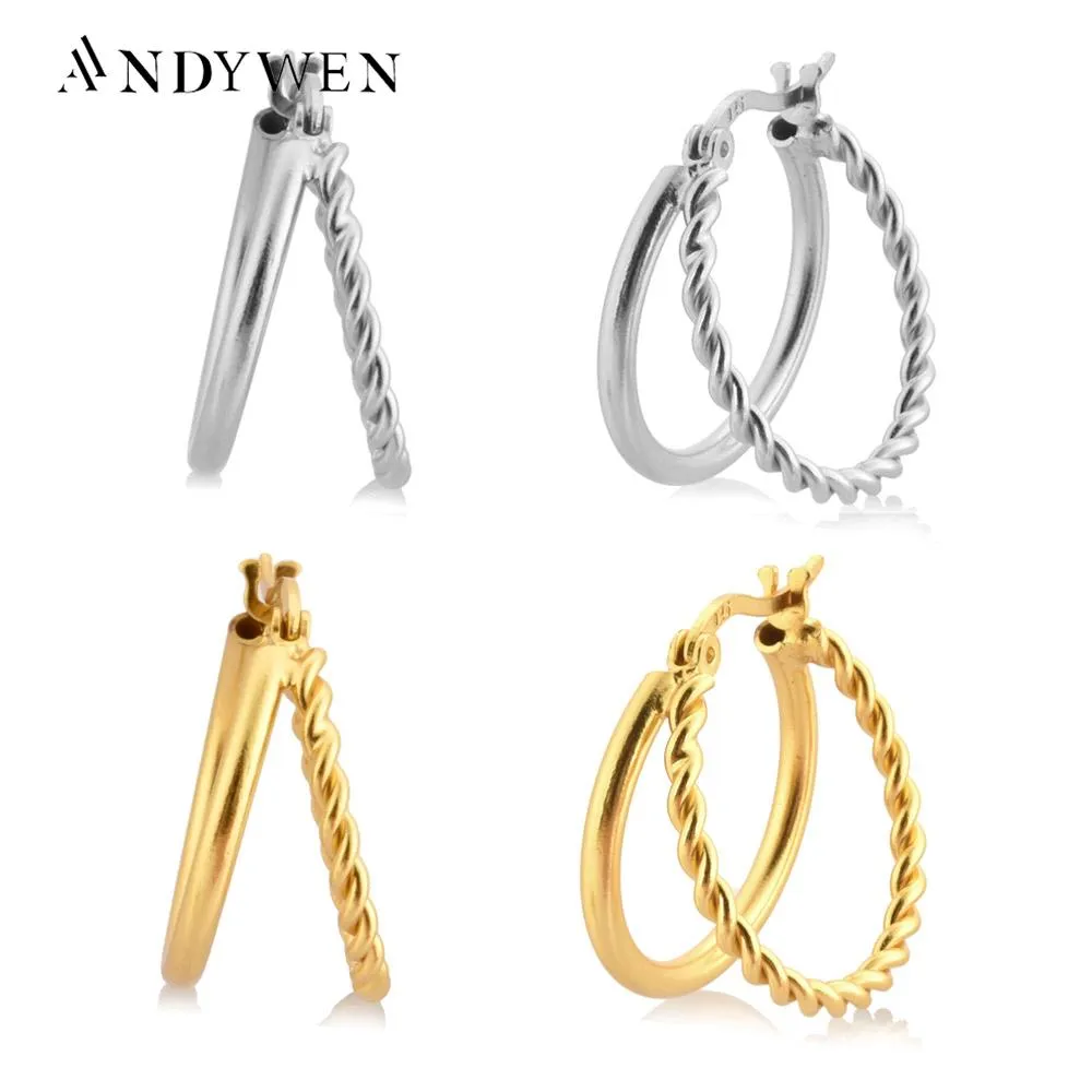 Örhängen Andywen 925 Sterling Silver Gold Big Twist Hoops Earring Two Line Round Circle Loops Huggies Rock Punk Women Fine Jewelry