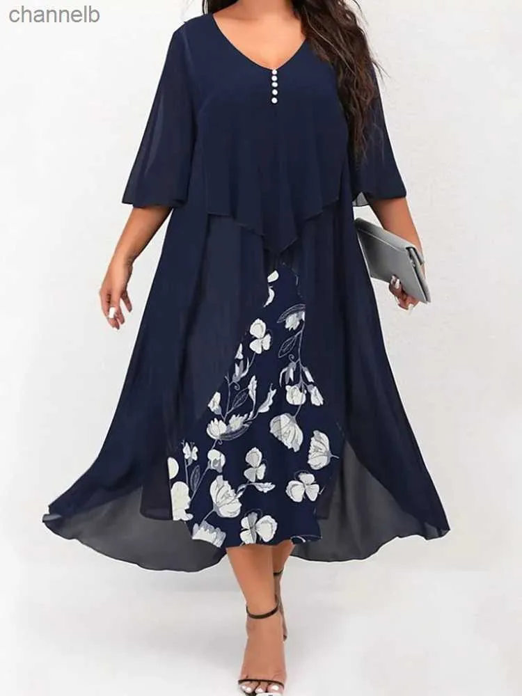 Casual Dresses Plus Size Dress Woman 2023 Summer V Neck Floral Print Patchwork Fake Two Pieces Dress 4xl 5xl Stor storlek Maxi Long Dresses L230520