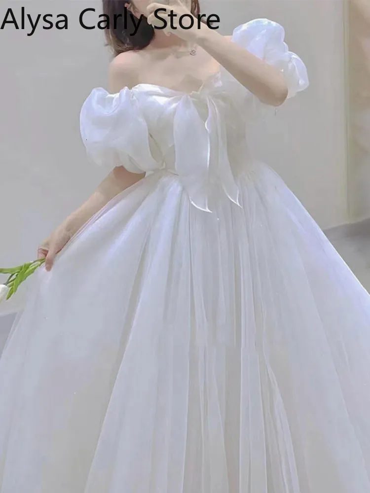 White Midi Dress with Puff Sleeves Women Bow Empire Waist Chiffon Casual  Autumn Evening Dress from Dhgate Basic & Casual Dresses - price 59.53