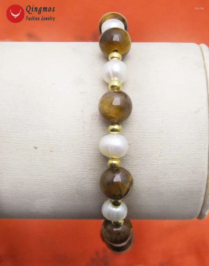 Strand Qingmos Natural Pearl Bracelet For Women With 6-7mm White & 8mm Yellow Tiger's-eye Jewelry 7.5'' Bra315 Free