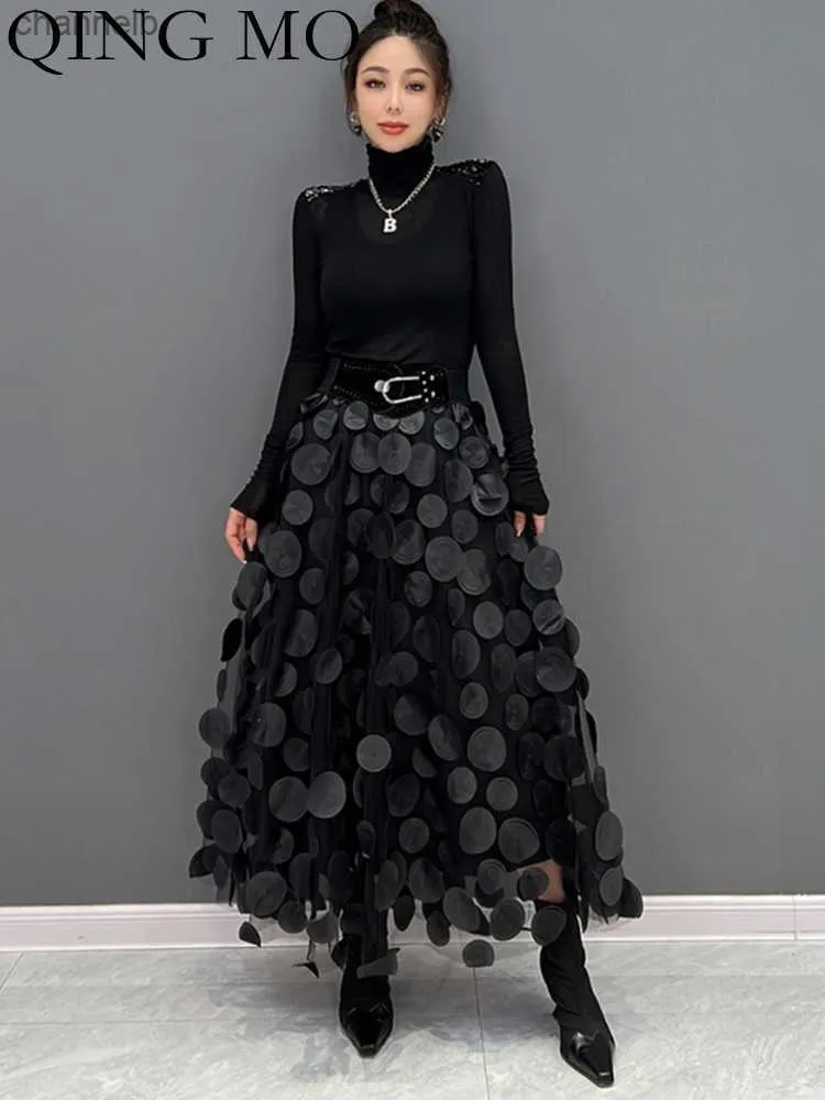 Casual Dresses Qing Mo Polka Dot Women kjol Black 2023 Spring Summer Ny Korean Fashion Trend Patchwork Mesh kjol Streetwear Dress ZXF1016 L230520