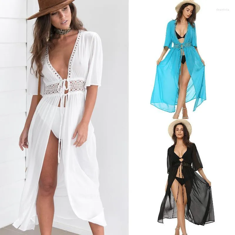 Maillots de bain pour femmes Femmes Sexy Bikini Cover-Ups Lady Fashion Solid Lace Hollow Out Long Kaftan Dress Swimwears Sun Protection Beachwear Maxi