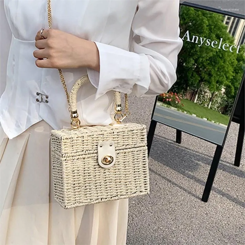 Evening Bags Designer Weave Square Box Handbags For Women 2023 Trendy Female Straw Shoulder Bag Fashion Brand Chains Beach Purses