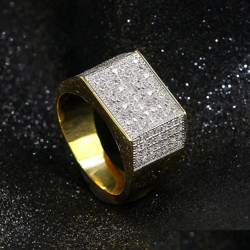 Bandringen Hip Hop -sieraden Iced FL CZ Stone Gold Ploated Fashion Diamond Mens Ring Drop levering Dhxzj