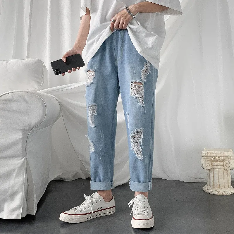 Qnpqyx novo jeans fit slim de verão para calças de calça masculina moda angustiada de jeans de jea