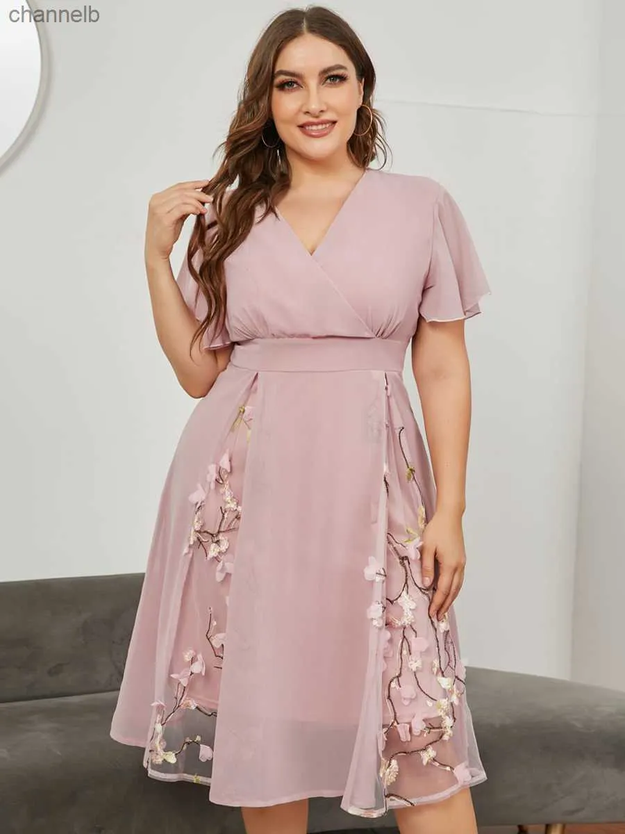 Casual Dresses Plus Size Summer Dresses Woman 2022 V Neck Short Sleeve Embroidery Floral Chiffon Party Dresses Weddings Prom Bridesmaid Dress L230520