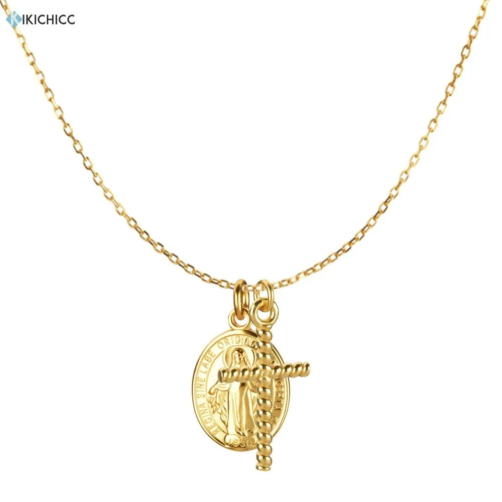 Necklaces Kikichicc 925 Sterling Silver Rock Punk Cross Oval Women Image Coin Pendant Necklace Long Chain Luxury Crystal Women Jewelry