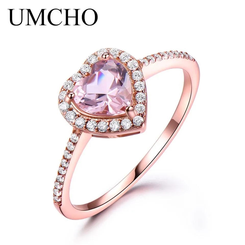 Rings UMCHO Pink Morganite Rings for Women 925 Sterling Silver Ring Heart Engagement Wedding Band Valentine's Day gift Fine Jewelry