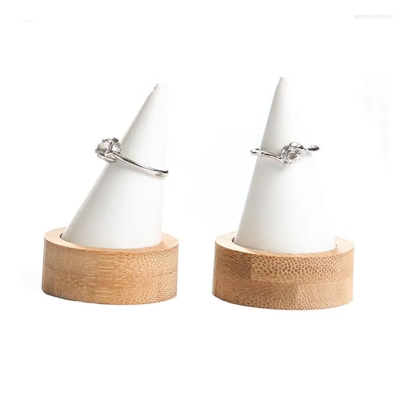 Jewelry Pouches Bamboo White PU Fingertip Oblique Cone Ring Display Stand Case Holder Showcase Storage