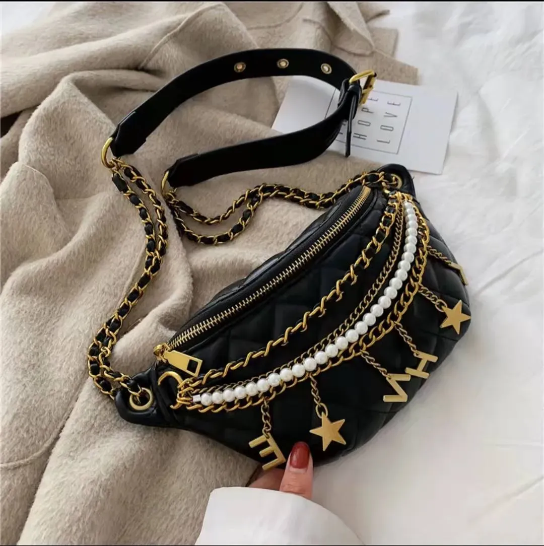 Cross Body HBP Designer Sac de messager de luxe pour femmes Mode Fanny Pack Sacs à bandoulière en cuir souple de haute qualité Sacs à main en treillis de diamants Chaîne en métal de perles