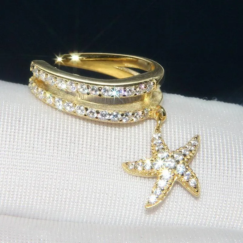 Kolczyki S925 Sterling Srebrny Złote Yellow Star Uszy Mankiet Cubic Zirconia Stone Star Clip Clips For Women Fine Jewelry