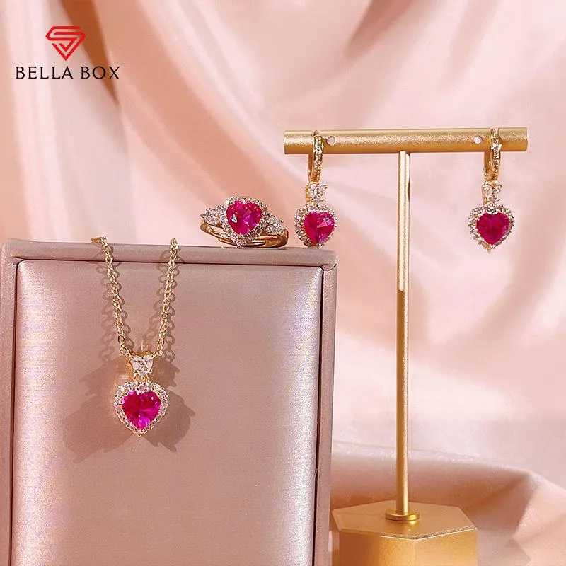 Necklace BELLA BOX 925 Sterling Silver Women Jewelry Set Heart Shape Gemstone Silver Rings Necklace Earrings Engagement Female Gift