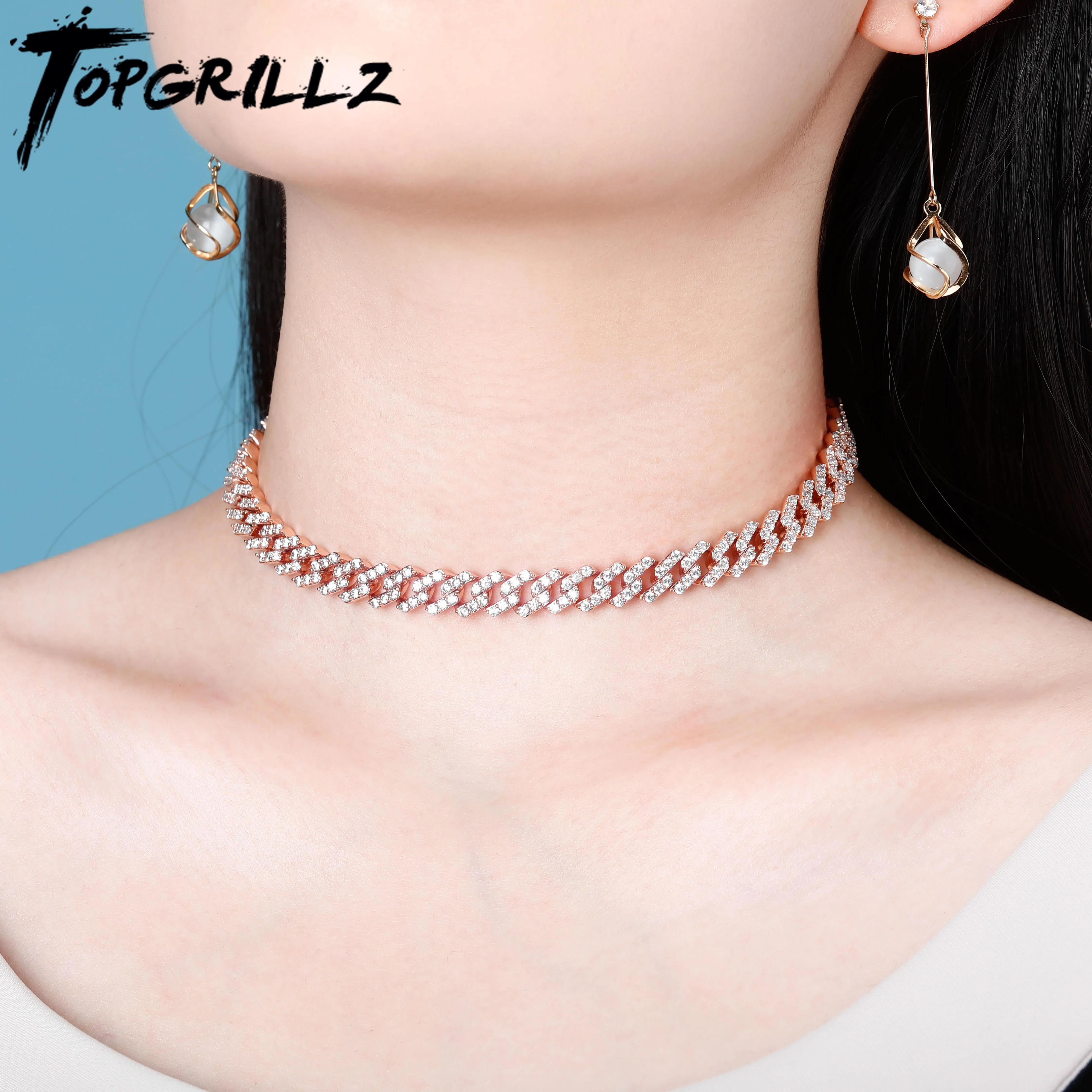 Halsband topgrillz 10mm chokers halsband kubansk länkkedja rosguld silver färg halsband is ut kubiska zirkoniumsmycken för gåva 14 "15"