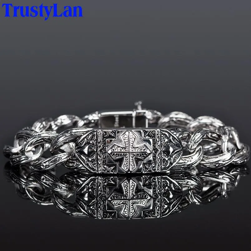 Bangle Vintage Male Jewelry Accessories 17MM Curb Chain Link Stainless Steel Man Bracelet Men Cool Cross Style Mens Bracelets Arm Band