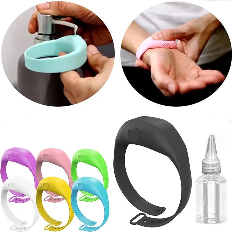 Bedelarmbanden siliconen polsband handdispenser volwassen kinderen vloeistof dispensing armband sanering draagbare ontsmettingsmiddel houder met bottlechar