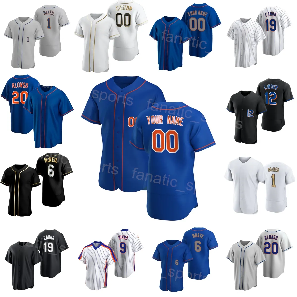 Niestandardowy baseball 12 francisco Lindor Jersey 1 Jeff McNeil 9 Brandon Nimmo 19 Mark Canha 6 Starling Marte 20 Pete Alonso Cool Base Niebieski biały czarny mężczyzna Młodzież D-D-H