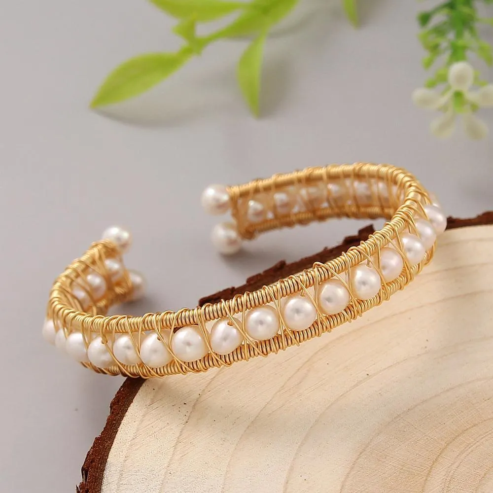 Bangles Gold Wire Strings Natural Freshwater for Women Adjustable Open Pearl Baroque Pearl Bracelet