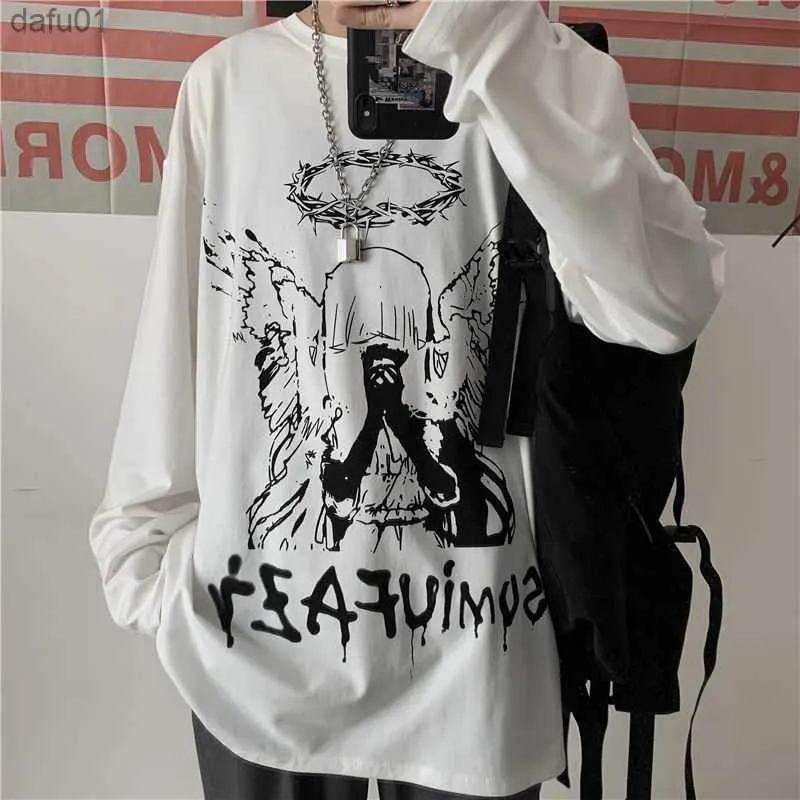 Harajuku Long Sleeve Mens T Shirt Anime Y2k Cartoon Angel Print