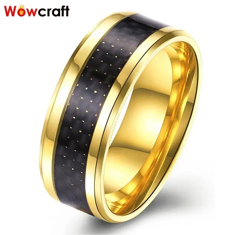 Bandas 8mm Anel de Carboneto de Tungstênio de Ouro para Homens Mulheres Banda de Casamento Preto Fibra de Carbono Inlay Chanfrado Polido Brilhante com Ajuste Conforto