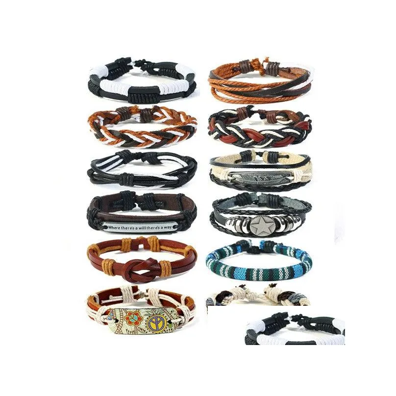 Beaded 12Pcs/Set Retro Leather Bracelets For Women And Men Handmade Diy Woven Set Charm Mtilayer Couple Jewelry Drop Delivery Dhcmr