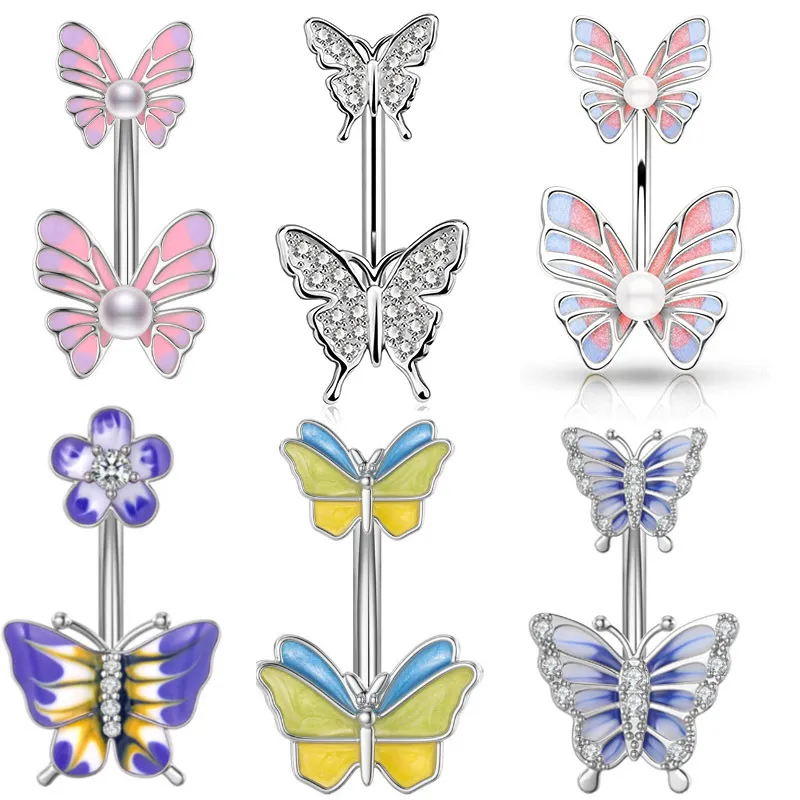 Anelli per ombelico all'ombelico Dangling Women Summer Butterfly Crystal Acciaio inossidabile Piercing Body Jewlery 2023 Nuovo