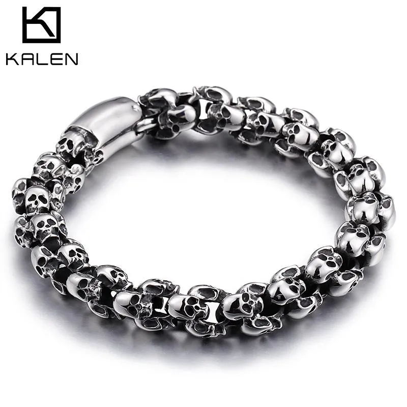 팔찌 Kalen Punk Skull Bracelets 남자 스테인레스 스틸 반짝이는 매트 두개골 매력 링크 체인 Brecelets 남성 고딕 보석 2020