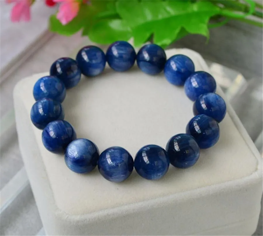 Bangle Natural Blue Kyanite Round Beads Cat Eye Bracelet Women Men Gems Blue Kyanite Jewelry 10mm 11mm 13mmm 14mm 15mm 16mm AAAAAA