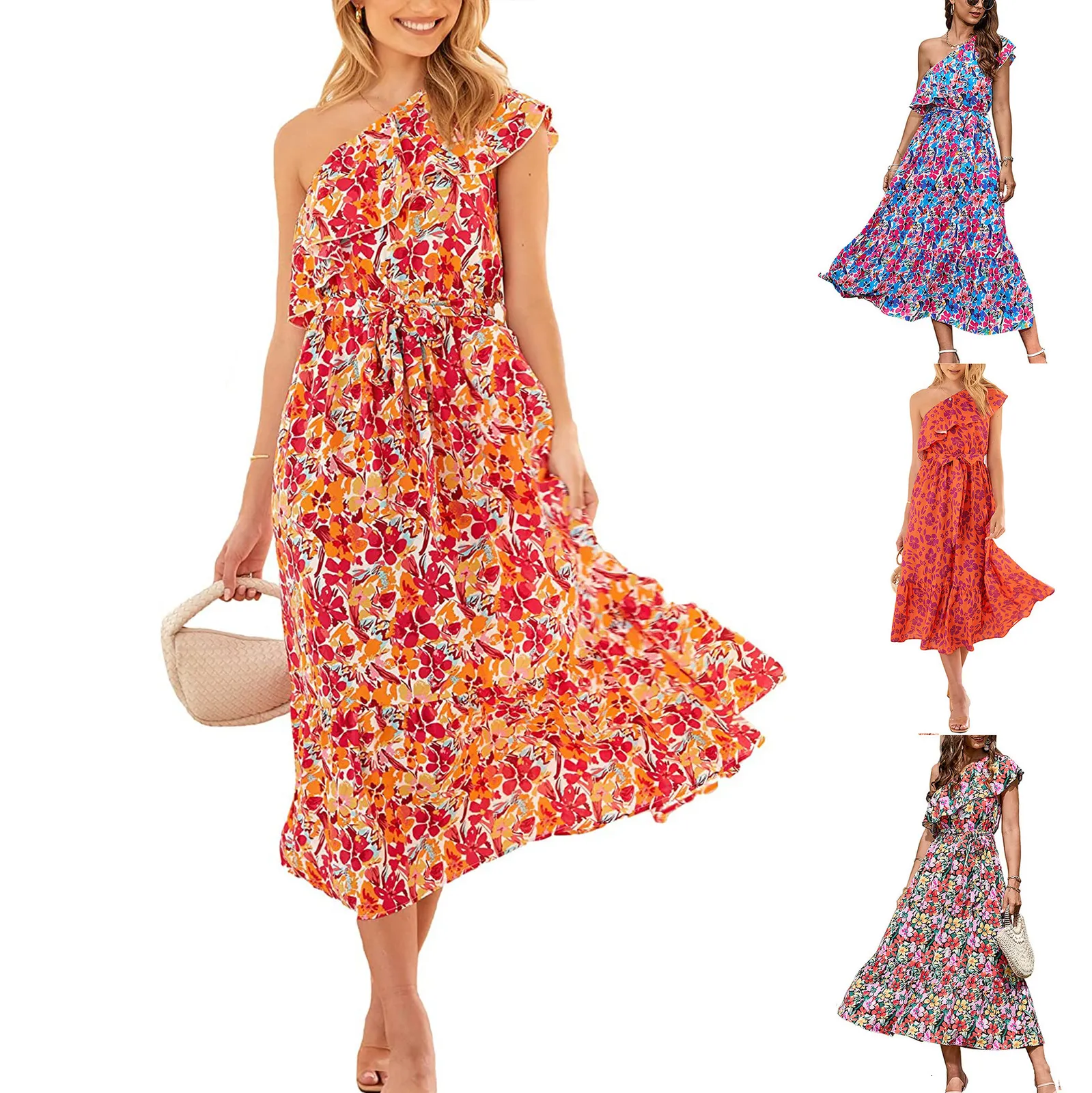 Basic Casual Dresses Summer Womens Floral Ruffled Slanted Shoulder Streamer with Large Swing Dress 230519