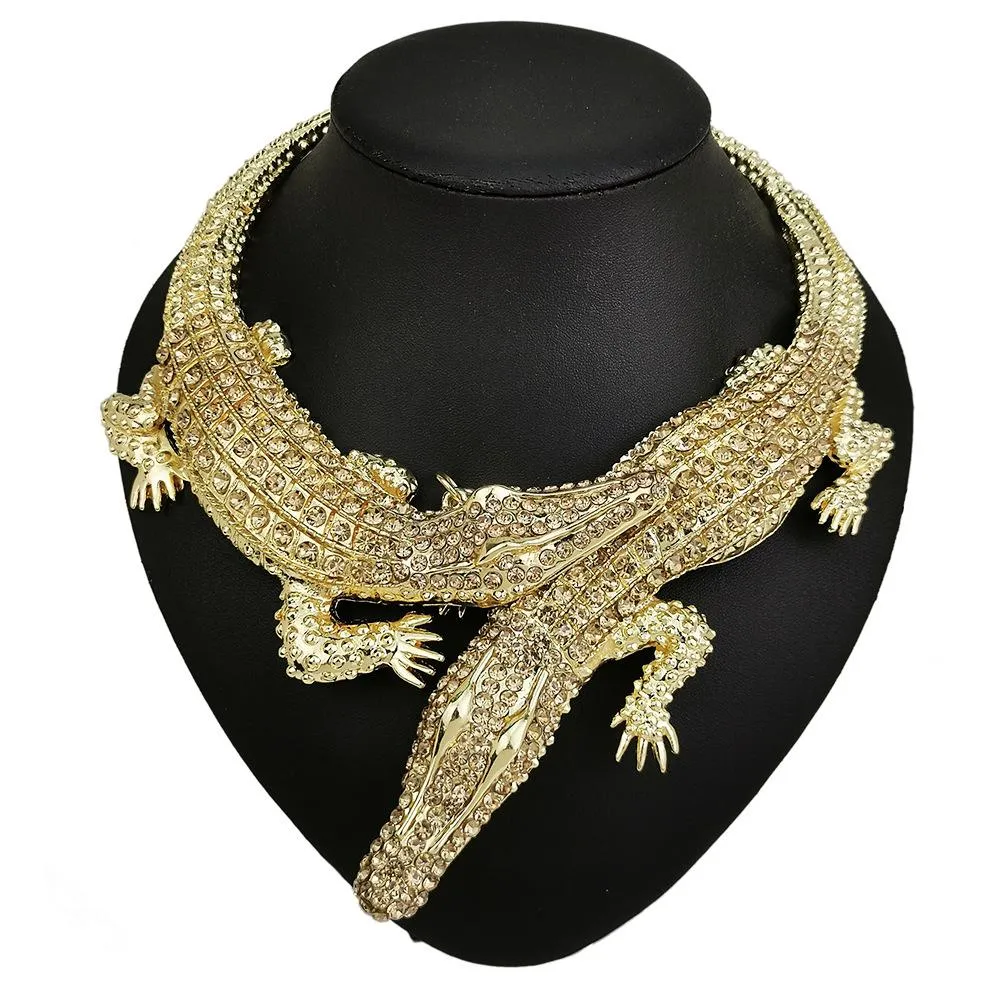 Necklaces Fashion Heavy Big Chunky Double Crocodile Chokers Necklaces With Rhinestone Jewelry Women Statement Vintage Punk Large Necklace