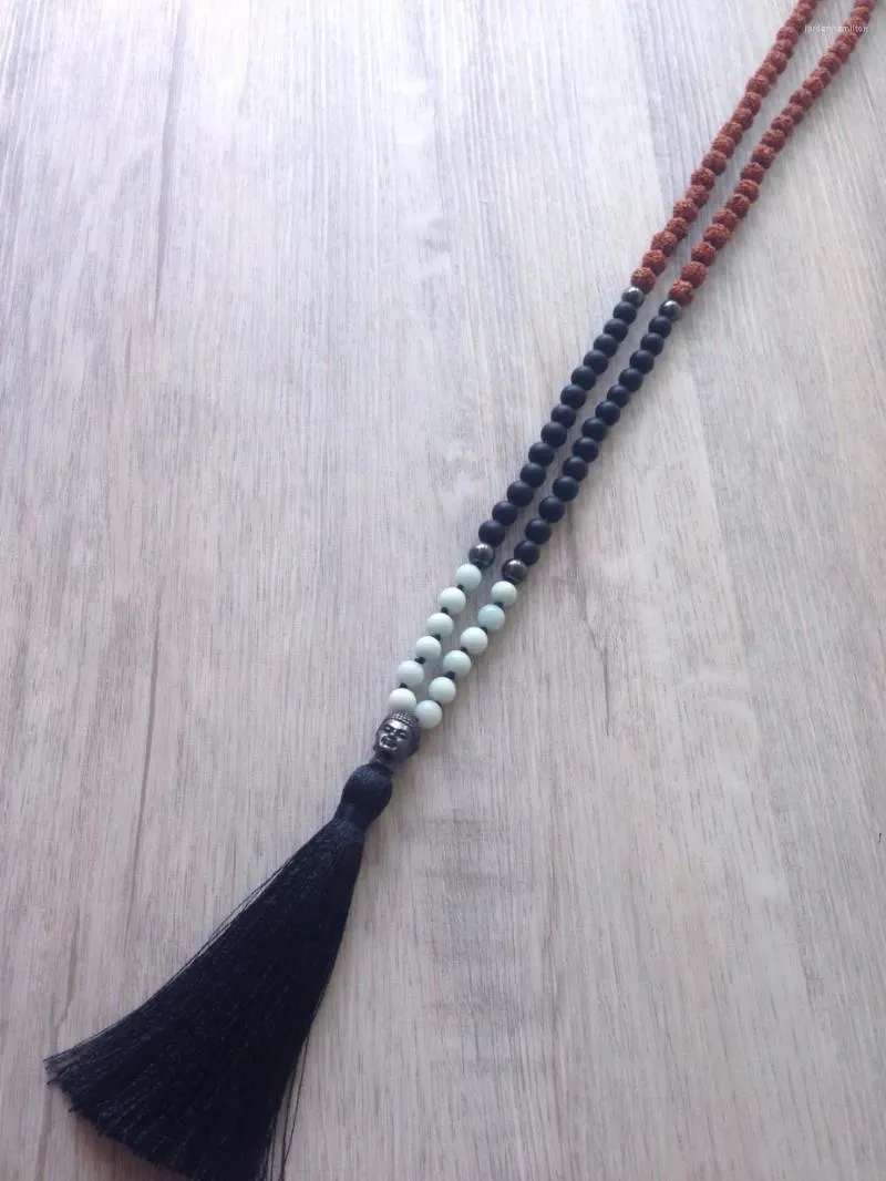 Pendant Necklaces Bali Mist - Aventurine & Onyx Mala Necklace 108 Bead Hand Knotted Mala. Tassel Chakra Jewelry Yoga Medi