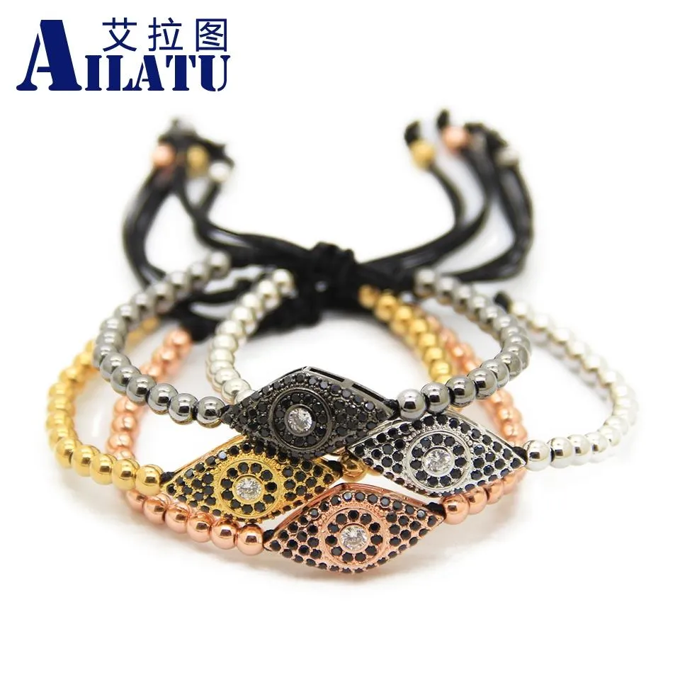 Bangle Ailatu Brand New Black Cz Lucky Eye Macrame Pulseiras Atacado 10 pçs/lote 4mm Contas de Aço Inoxidável Jóias