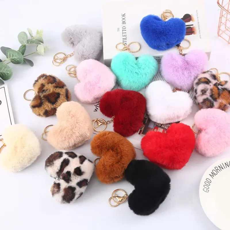 Party Favor Heart Keychain Ball Faux Fur Fluffy Key Holder Women Cute Plush Key Ring Love Gift Girlfriend Brithday