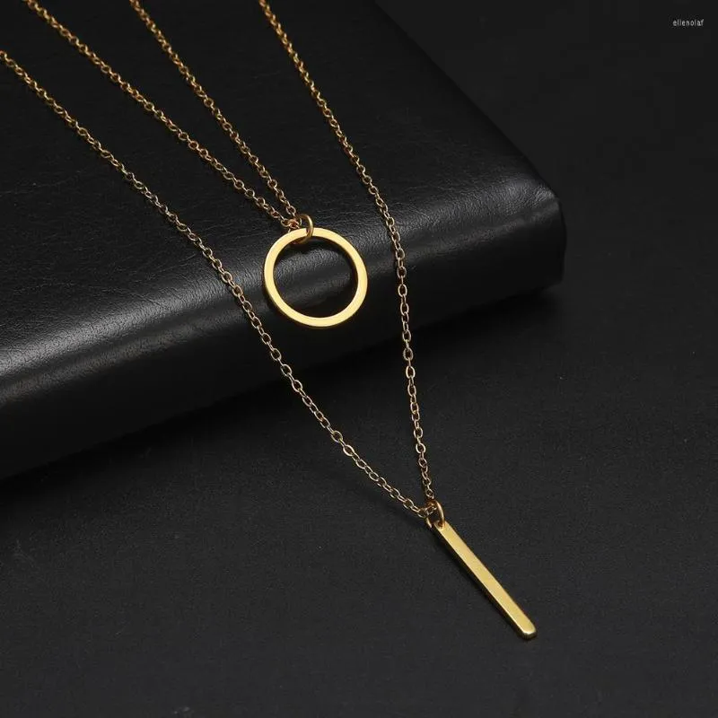 Pendanthalsband Teamer Simple Layered Geometric Round Necklace For Women Girl rostfritt stål Dubbelskiktsmycken på nacken grossist