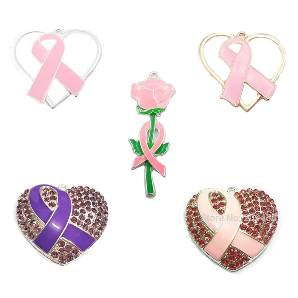 Hängsmycken (välj stil först) varje stil 10st/väska emalj/strass rosa band bröstcancer medvetenhet hängen för modehalsband
