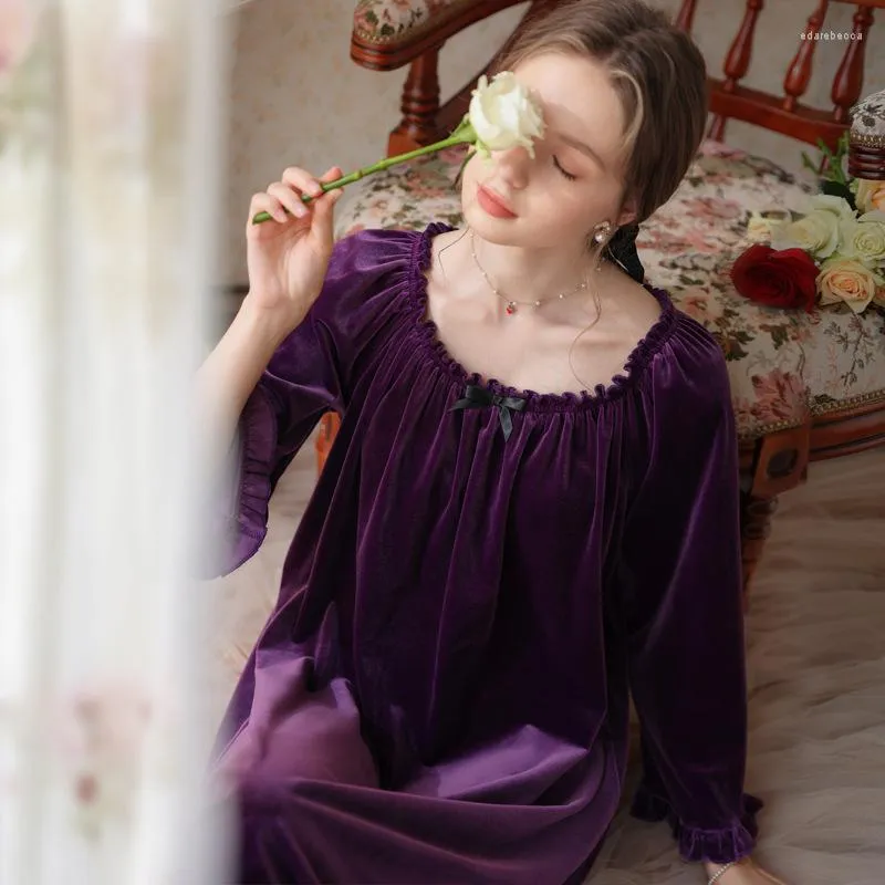 Women's Sleepwear Luxury Velour Female Lingerie Nightgown Full Sleeve Nightdress Women Vintage Princess Ruffles Long Nightwear Dress