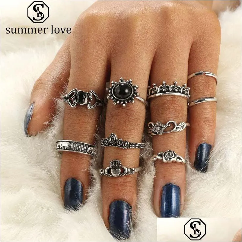 Pierścienie opaski 10pcs/Zestaw Vintage Crown Flower Serce Słoni Knuckle Pierścień Elegancki Big Hollow for Women Fashion Biżuter