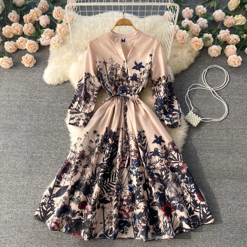 DHgate Elegant V Neck Floral Printed Long Sleeve Casual Dresses for Women Apparel