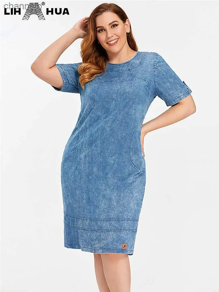 Vestidos casuais lih hua feminino vestido de jeans de tamanho grande verão vestidos elegantes para mulheres gordinhas no pescoço redondo vestido de algodão L230520